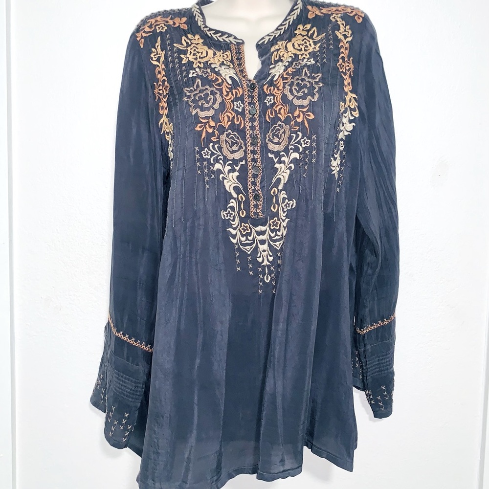 Johnny Was Navy Blue Embroidered Floral Tunic